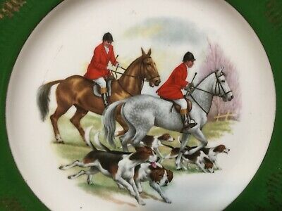 Fox Hunt Hunting Pair Of Horses Decorative Plate Green Rim