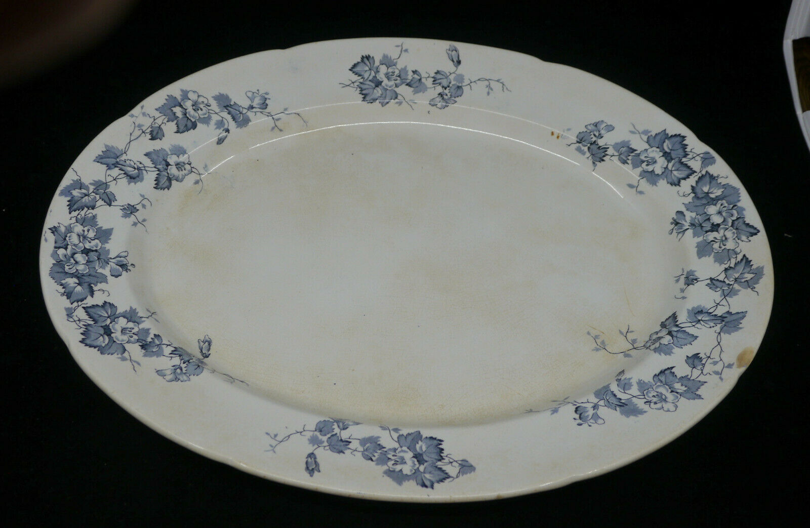 Antique Blue & White Transferware Oval Serving Platter, 16.5 Inches, Ironstone?