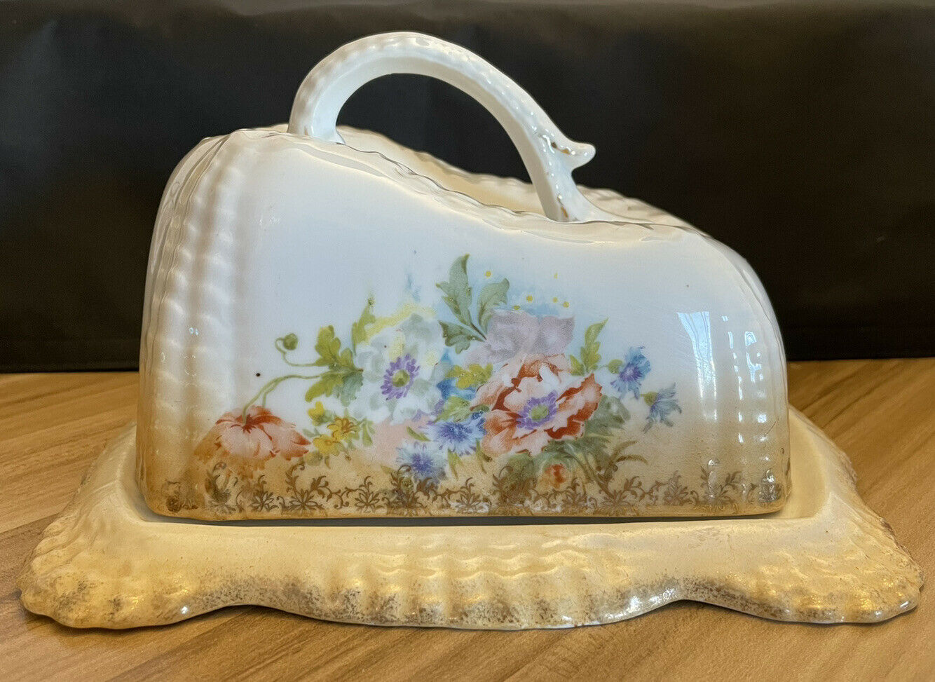 Antique Cheese Butter Plate Dish With Lid, Floral Gold Trim No Markings