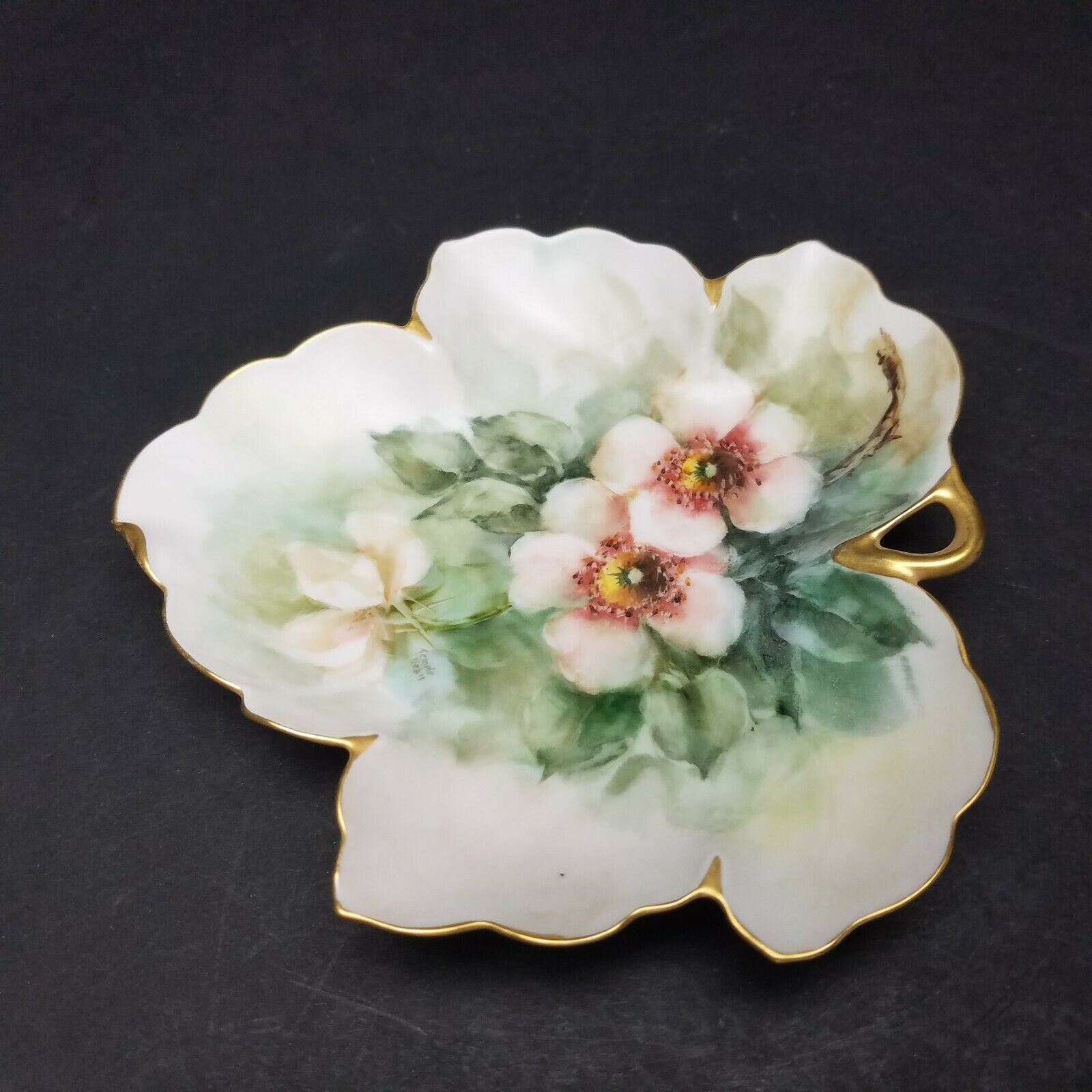 Temple Beall Leaf-shaped Flower Handled Dish Hand Painted Signed