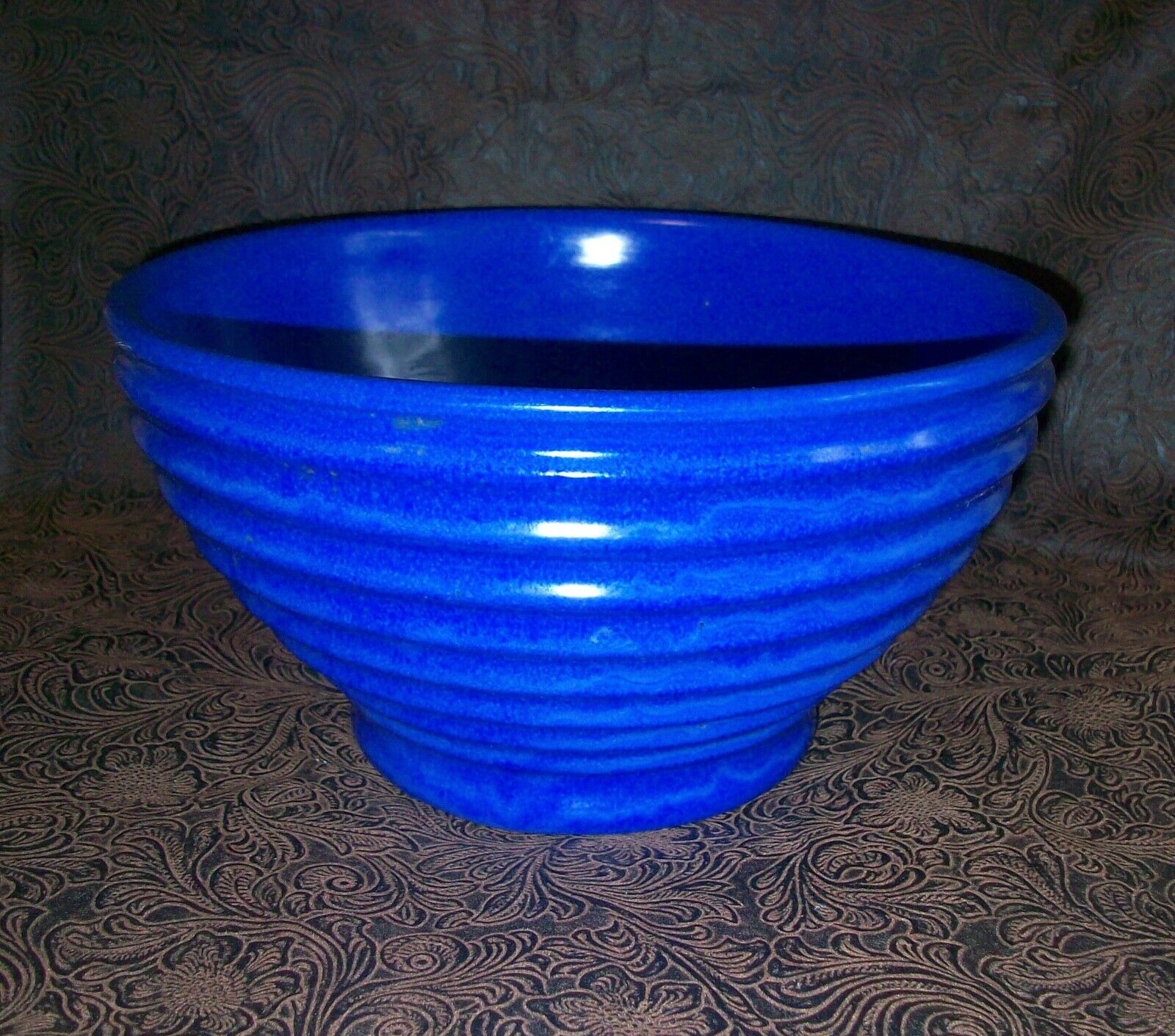 Vintage 30s 40s Large Blue Beehive Ring Ribbed Stoneware Bowl Rustic Farmhouse
